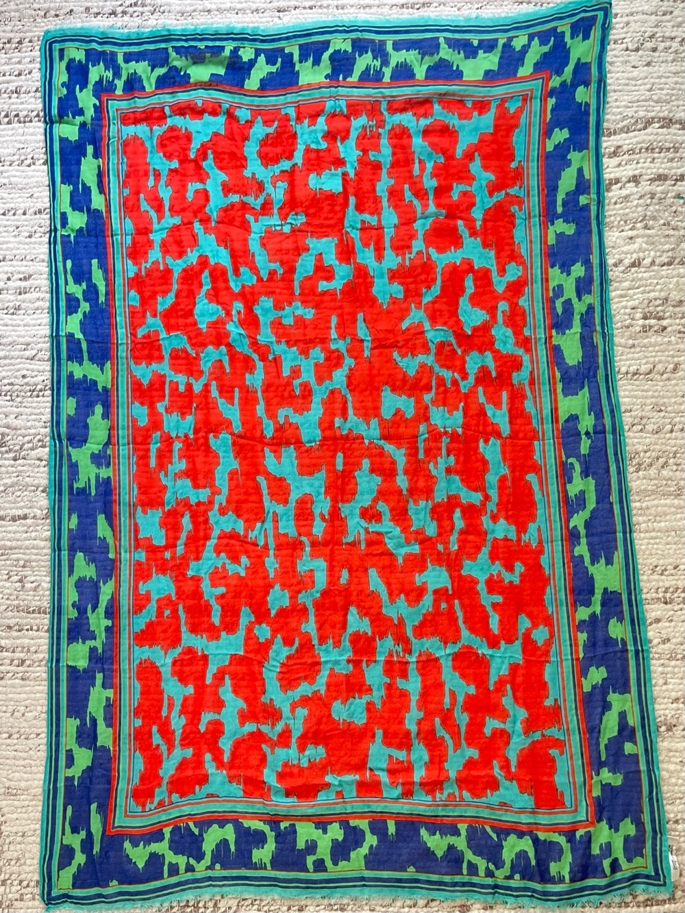 Diane Von Furstenberg Red and Teal Abstract Silk Scarf